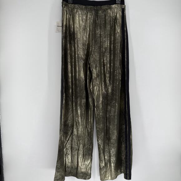 NEW Free People Vegan Leather Metallic Gold Wide Leg Track Pants Size SMALL - Picture 6 of 8